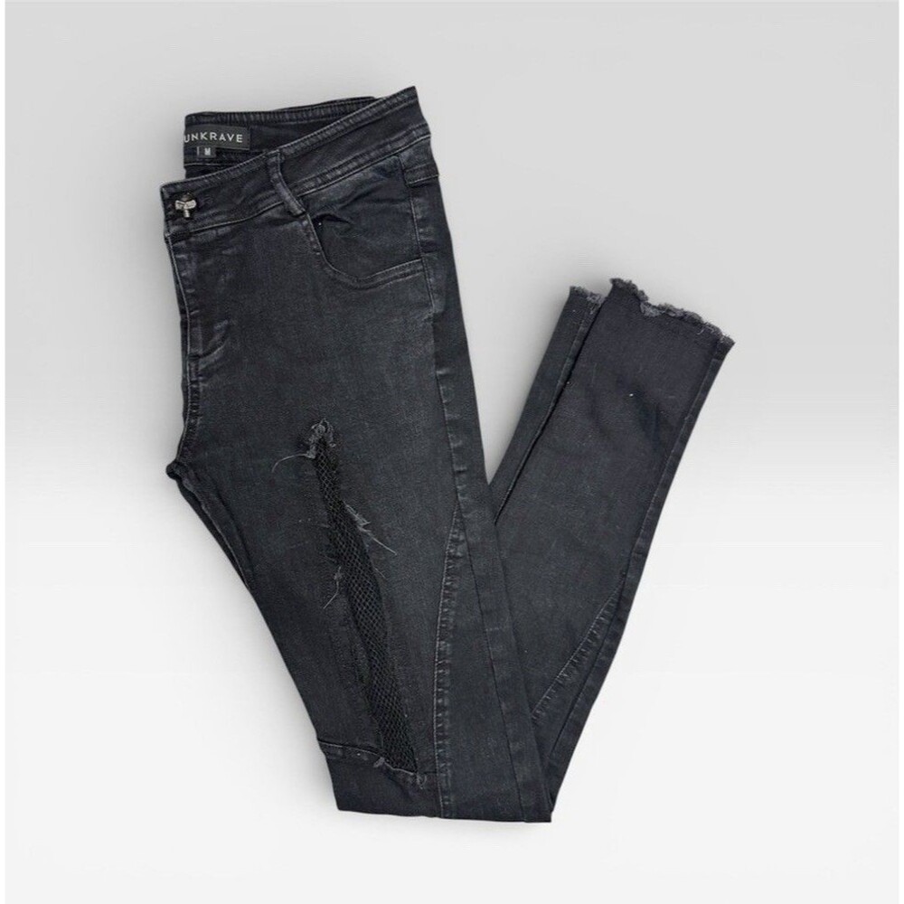Punk Rave‎ Women's Gothic Skinny Jeans Medium Black Buckle Fishnet Punk Pants